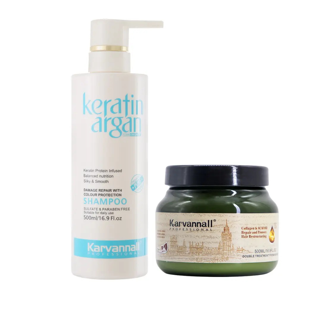 Karvannall Professional Keratin Argan Damage Repair Anti-Hair Fall Volumizing Shampoo & Collagen Double Treatment Hair Mask For Damaged Dry Frizzy Hair 500ml Natural Moisture Repair Anti-Dandruff Set