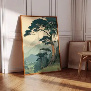 Vintage Japanese Forest Poster, Tranquil Mountain Landscape Wall Art, Retro Nature Print