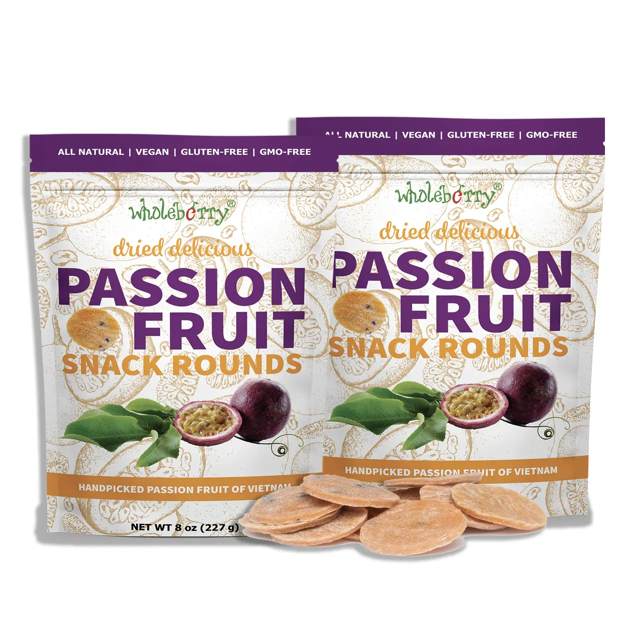 Wholeberry Dried Passion Fruit Snack Rounds, 8 oz - Natural, Vegan, Gluten-Free, No Added Chemicals, Made in Vietnam