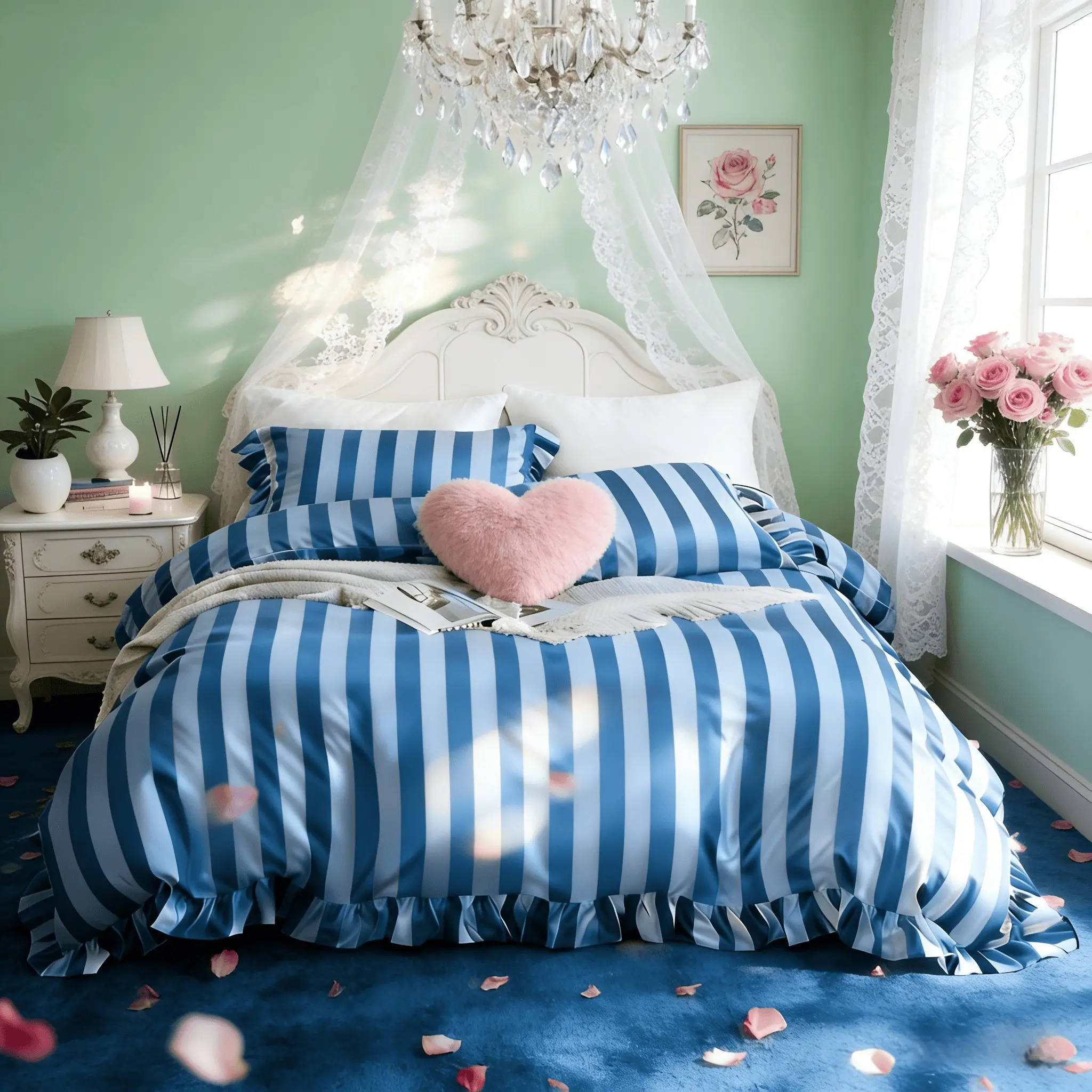 3-Piece Blue Striped Ruffle Print, Soft Comfortable, Includes 1 Fitted Sheet and 2 Pillowcases, Ideal for Bedroom and Guest Room, Soft Bedding Sets
