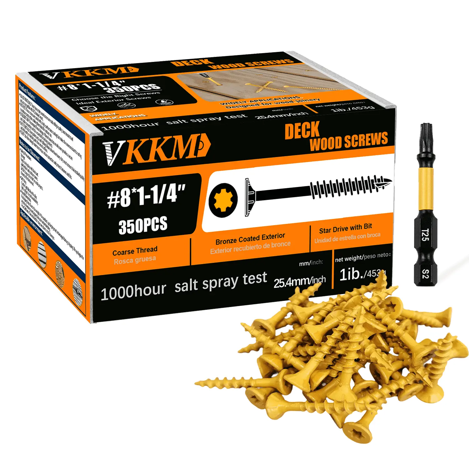 VKKM 350PCS #8 x 1-1/4" Bronze Coated T25 Torx Star Drive Deck Wood Screws, 1000H Salt Spray Anti-Rust Exterior Self Tapping Fasteners, Suitable for Fences, Decking & Outdoor Woodworking Projects