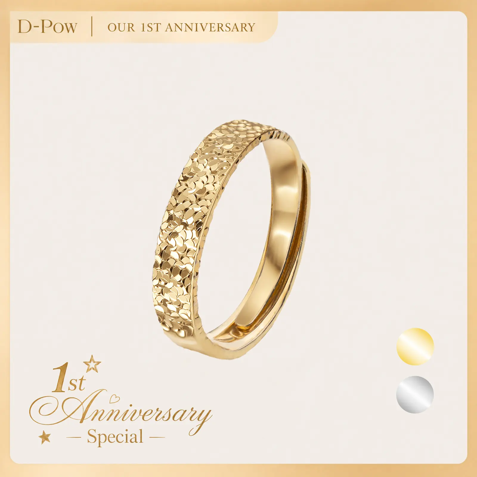D-POW Women's Adjustable Crushed Ice Ring - 999 Sterling Silver with [Heavy/18K] Gold Plating | Hypoallergenic, Tarnish & Fade Resistant Statement Jewelry | Cubic Zirconia Gift for Her