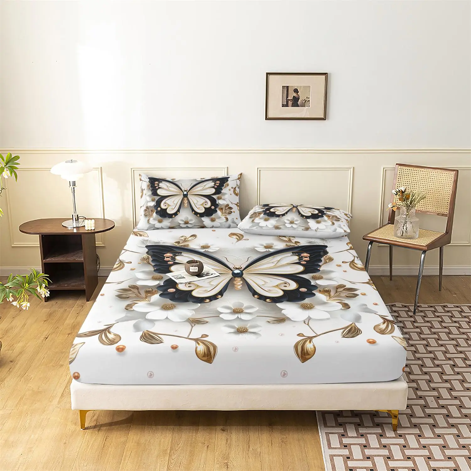 Butterfly Print Bedding Set, Including 1 Count Fitted Sheet & 2 Counts Pillowcase without Filler, Soft Comfortable Bedding Set for Home Bedroom