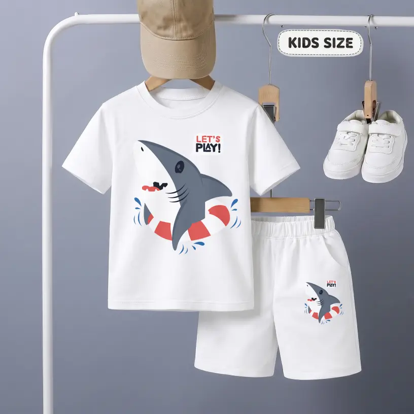Kids' Shark Graphic Print Short Sleeve T-Shirt and Shorts Set, Casual Summer Children's Outfit, Comfortable Crew Neck Two-Piece Set for Daily Wear, Outdoor Play and Activities