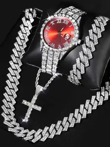 Hip Hop Miami Cuban Link Chain Set Necklace +Watch+Bracelet Creative Iced Out Shiny Trendy Stylish Jewelry For Women Men