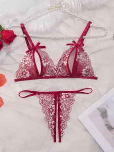 Women's 2pcs Bow Decor Sheer Floral Lace Lingerie Set, Elegant Adjustable Strap Bra & Crotchless Thong Underwear Set, Soft Comfy Breathable Sexy Lingerie Set for All Seasons Bra Sets