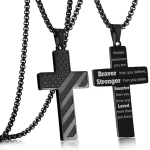 Cross necklace with Bible verse and American flag pendant — stainless steel men's jewelry gift | faith-inspired, bold, patriotic chain for him
