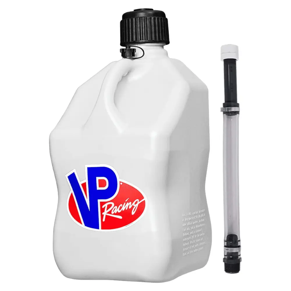 VP Racing 3520-CA 5.5 Gallon Square Motorsport Jug, White, with Deluxe Filler Hose