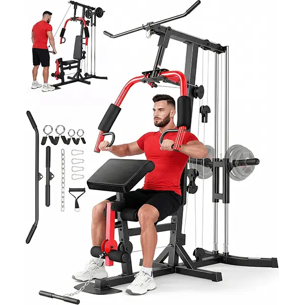 OPPSDECOR All-in-1 Home Gym, Multifunctional Strength Training Equipment with High-Low Pulley System, Seated Rowing Function, Adjustable Bench, and Preacher Curl Pad