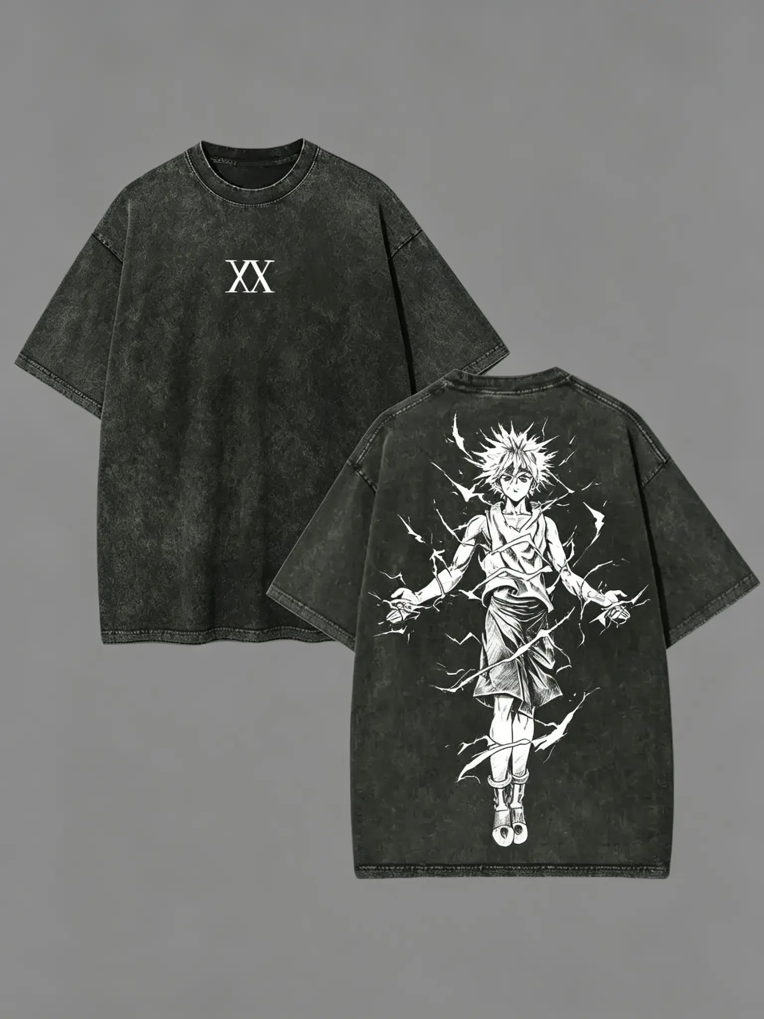 Retro Heavy Limited "Killua Zoldyck" Hunter x Hunter Anime Double Printed Vintage Oversized Washed Tee Unisex Oversize Anime Manga Washed Heavyweight Cotton T-shirt, Gift For Anime Fan, Anime Lover Relaxed Fit