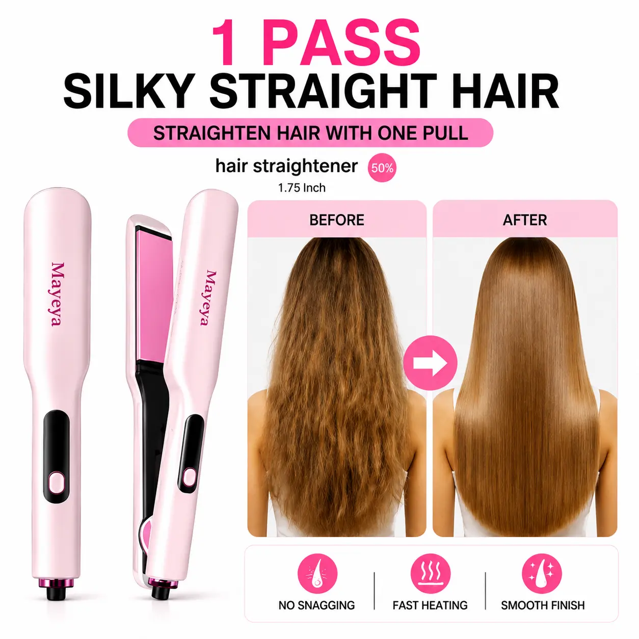 MAyeya Nano-Titanium Hair Straightener - 1.75-in Wide Plates, Lightweight, Adjustable, Frizz-Free Shiny Results, Daily Beauty Product with Cleaning Brush Compatibility for Gold Cool Air Wireless In-Styler ceramic silk pro full set tools wraps long