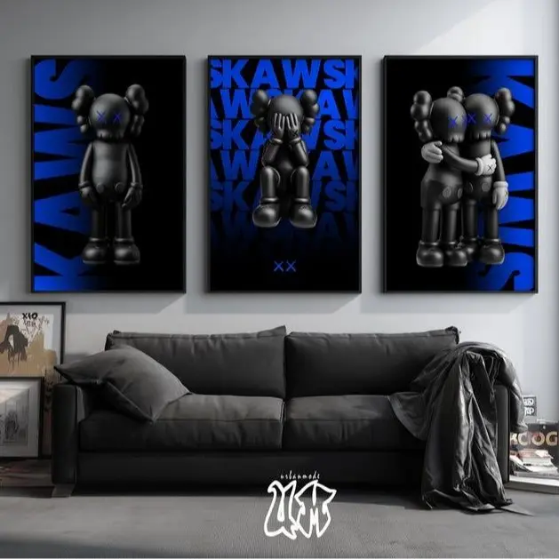 Set of 3 KAWS Prints, Black & Blue Figures, Urban Wall Art  Poster
