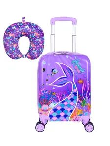1 Set Kids Luggage Set, Cute Mermaid Tail Print Hard Shell Suitcase with U-Shaped Neck Pillow, Lightweight Rolling Carry On Luggage for Girls, Travel Trolley Case for School Trip, Vacation, Airplane