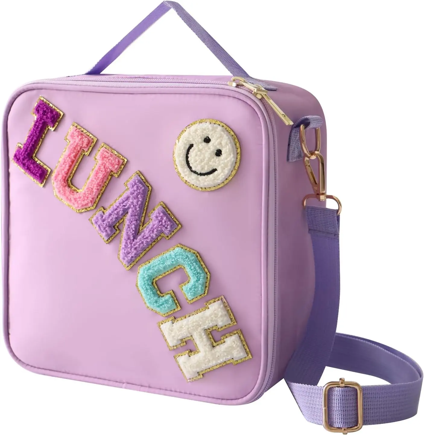 Insulated Lunch Bag With Adjustable  Strap, Nylon Preppy Lunch Box Large Insulated Lunch Bag  Lunch Tote Bag with Smiley Preppy LunchBag for Girls School Travel Picnic (Purple)
