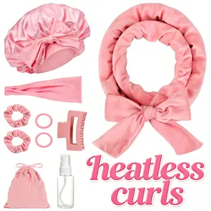Heatless Curling Rod No Heat Curlers, Velvet Satin Hair Rollers with Sleep Bonnet, Styling Kit for Long & Medium Hair, Soft Heatless Curls Styler