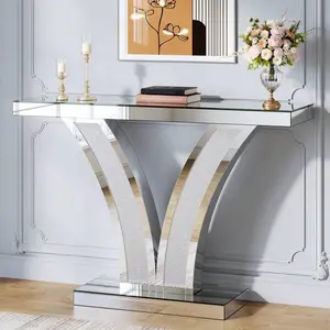 Silver Mirrored Console Table, Modern Entryway Sofa Table With Crystal Inlay Frames, Tempered Glass Reflective Surface, Contemporary Accent Furniture For Living Room Hallway Or Foyer