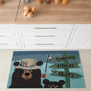 Lush Decor FRONTPORCH Indoor/Outdoor Hand Tufted Durable Area Rug - Transitional Whimsical Sports Decorative  (Fishing Bears)