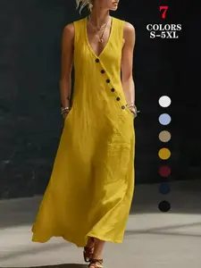 Women's 2026 Boho Chic Beach Maxi Dress Sleeveless V-Neck Button Detail Linen Casual Beachwear Dress With Pockets Lightweight Breathable Weekend Brunch Travel Vacation Beach Lounge Dress
