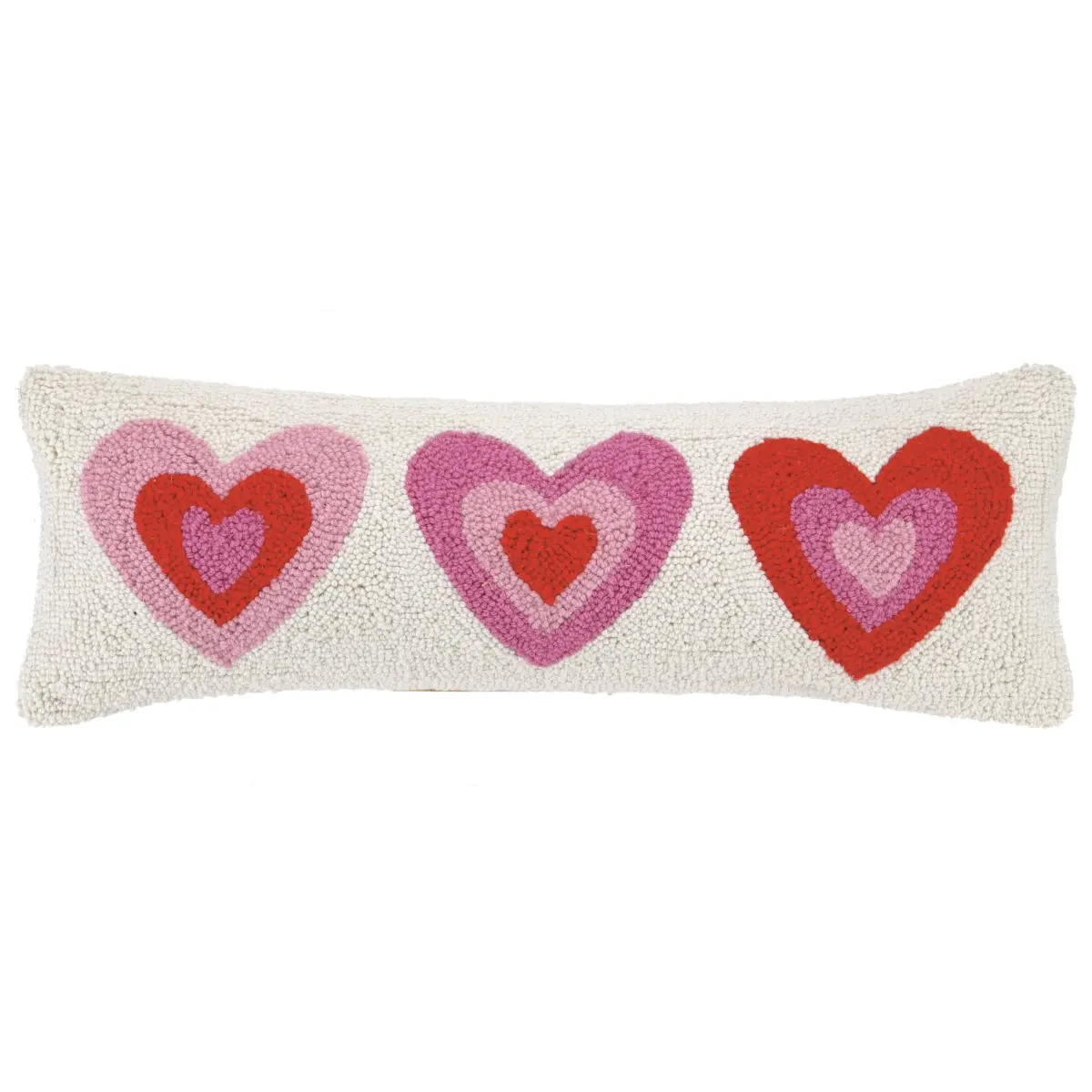 Peking Handicraft Hand-Hooked 100% Wool Lumbar Pillow - Rectangular Supportive Sitting Cover, Love Motif Pink Hearts Multi-Color, 8in H x 24in W x 6in D, Artisanal Crochet, Dry Clean Only, 30HRS556C24OB, for Room Decor, Cozy Corner, Aesthetic Room Plush