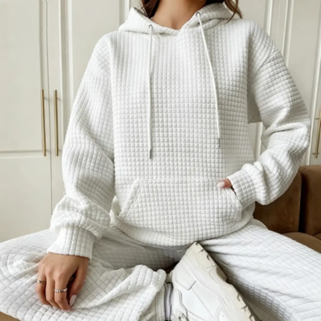 Women's Thick Minimalist Solid Waffle Knit Cowl Hoodie - Loose Long-Sleeve Drawstring Hooded Sweatshirt with Kangaroo Pocket, Outdoor Jogger Casual Loungewear Top Adjustable Breathable