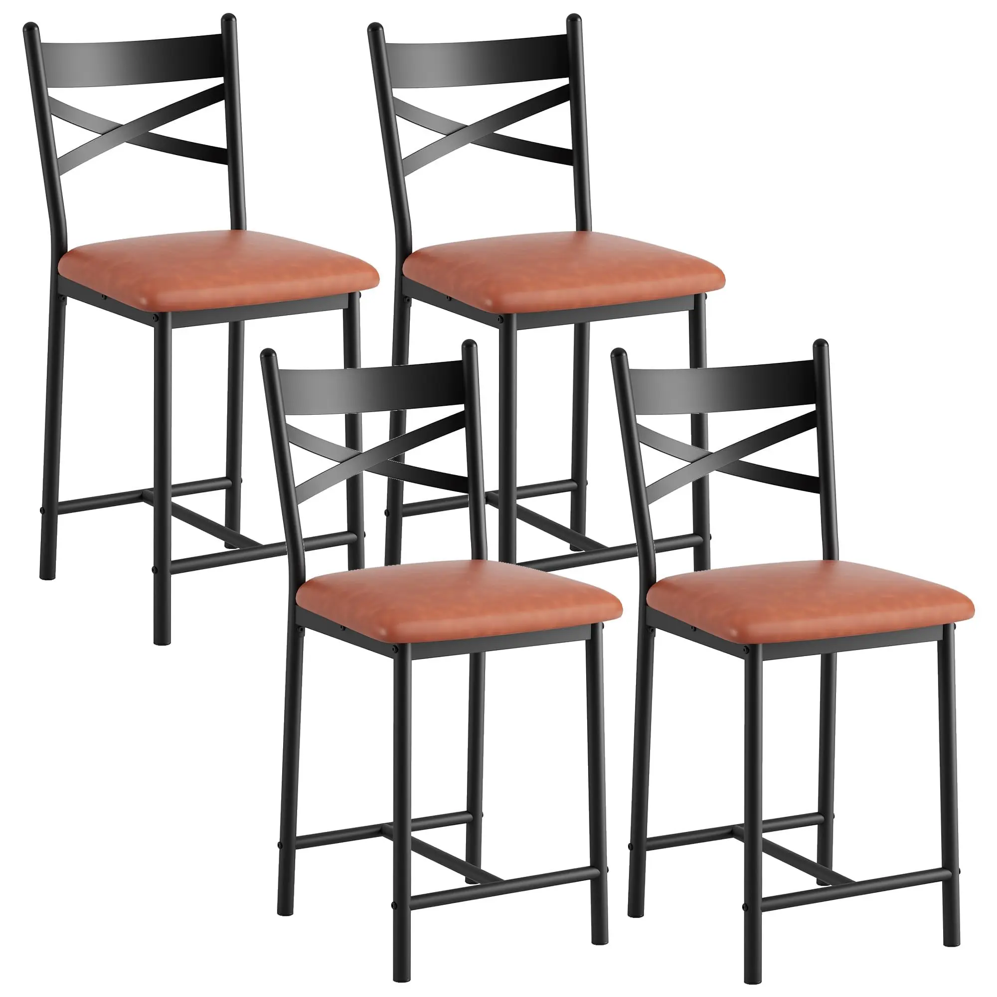 Garvee Modern Brown Faux Leather Barstools with Backrest – 26-Inch Counter Height Dining Chairs with Thick Padded Seat – Heavy Duty for Kitchen Island, Dining Room, Apartment – Set of 4