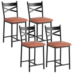 Garvee Modern Brown Faux Leather Barstools with Backrest – 26-Inch Counter Height Dining Chairs with Thick Padded Seat – Heavy Duty for Kitchen Island, Dining Room, Apartment – Set of 4