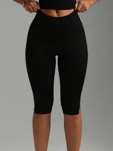 Women's High-Waisted Knee-Length Cycling Shorts, Athletic Shorts, Side Slit Slim Fit Bike Pants, Stretch Waistband Sport Leggings, Soft Fabric