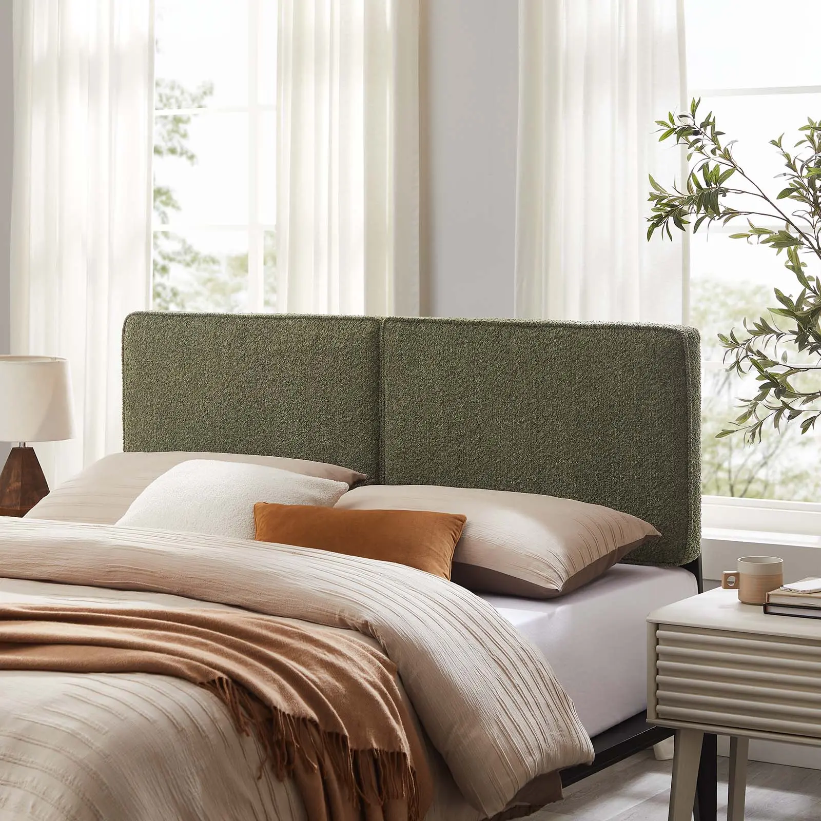 Modway Lindee Upholstered Queen Headboard - Boucle Fabric, Sage, French Piping Trim, Indoor Use, Assembly Required, Queen Bed Component