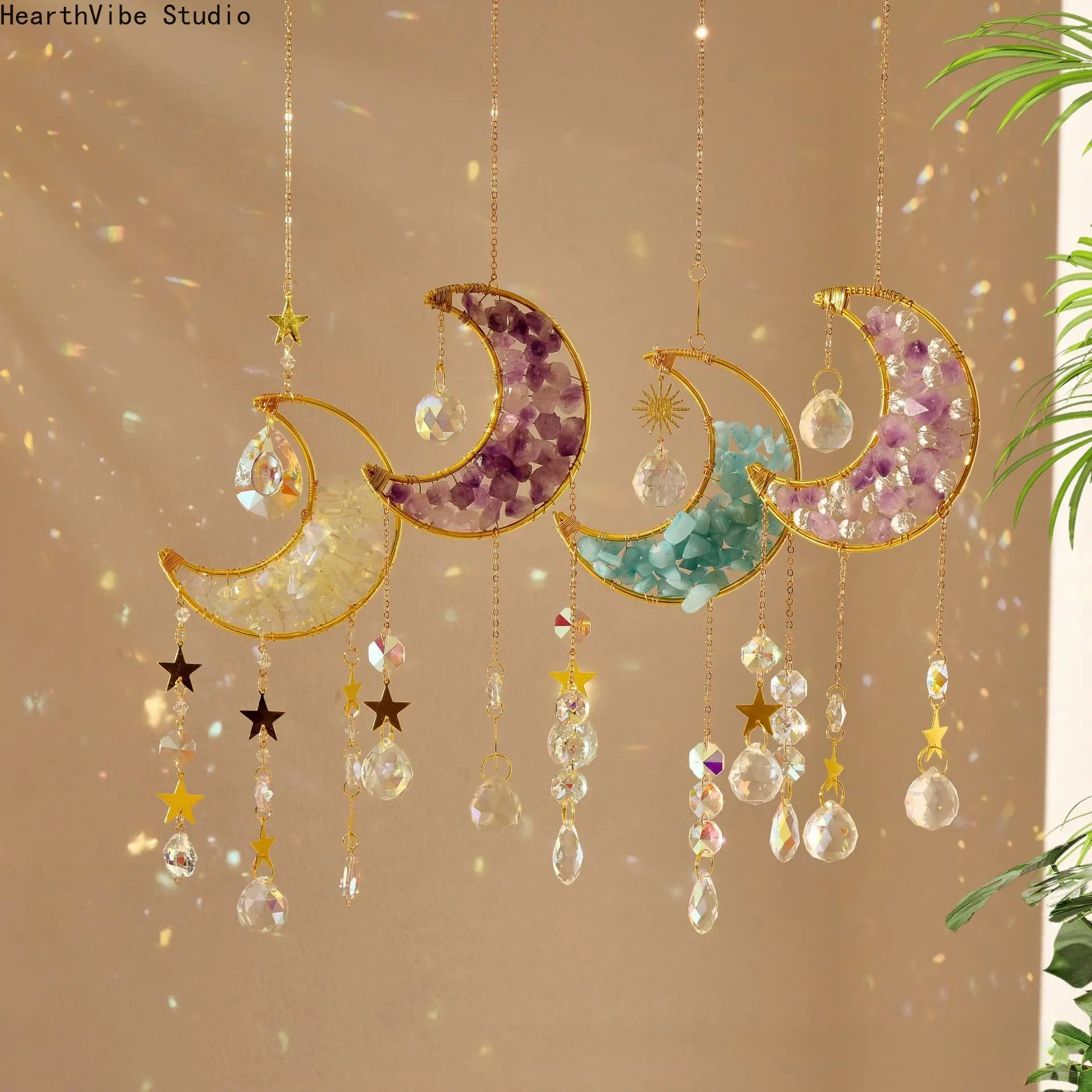 Handcrafted Moon Suncatcher - Wire-Wrapped Natural Crushed Crystal Boho Decor, Nature-Inspired Art for Camping, Soft Light Shimmer Hammock Hanging Ornament, Outdoor Camping Decor Handmade Charm