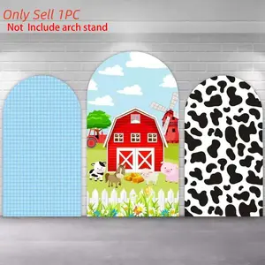 Blue Boys Farm Theme Birthday Party Arch Covers Stretchy Backdrop, Cow Print Barn House Cartoon Animals Design, Perfect for Boys Kids Birthday Party Photo Backdrop, Decorative Banner, Party Decoration Supplies