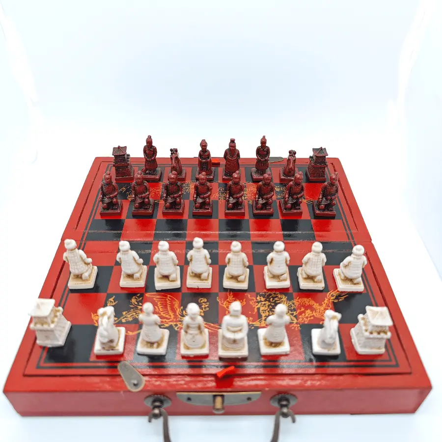 9.5x9.5 inch Terracotta Army Chess Set, Chinese Style 3D Terra-cotta Warriors Chess Pieces Kit with Foldable Wooden Table Set Suitable For Thanksgiving Halloween Christmas Birthday Gift And Collections