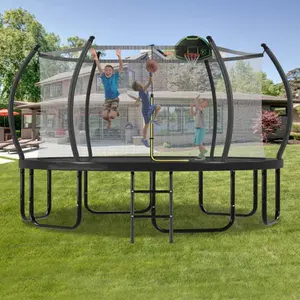 12FT/14FT/16FT Trampoline with Basketball Hoop for Kids and Adults, Round Outdoor Trampoline with Enclosure Net & Curved Poles & Ladder