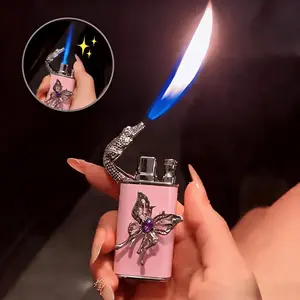 Pink Butterfly Lighter(Without Gas)  - Hand-Painted Metallic Silver Butterfly Double Flame Refillable Butane Lighter - Windproof Jet & Soft Flame, Adjustable Size, Aesthetic Y2K Gift for Her (Butane Not Included)