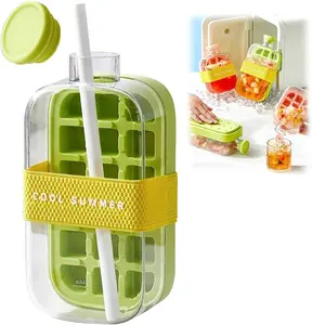 2 In 1 Ice Cube Bottle, Ice Cube Bottle With Straw, Portable Touch Free Ice Cube Trays, Press To Release Ice Tray for Home Ice Making, Outdoor Picnics, Office Use (800ml/28oz)