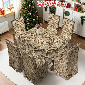 2/4/6/5/7 pieces of fashionable and high-end dining chair slipcover and tablecloth sets, thickened chair cover and tablecloth sets (1 tablecloth + 4 chair covers or 1 tablecloth + 6 chair covers), easy to care for, reusable, for home decoration