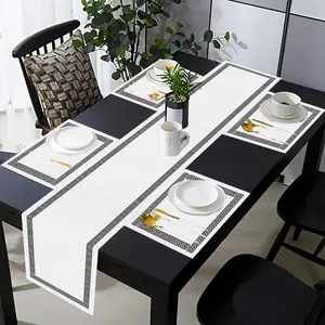 2D flat printing, 5-piece set/7-piece set tablecloth set, suitable for restaurants, black Greek key pattern tablecloth, kitchen table decoration, suitable for indoor and outdoor family gathering decoration