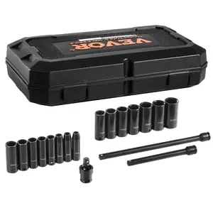VEVOR Drive Impact Socket Set 3/8 - 18 Piece Deep Socket Set Metric 8-22mm - 6 Point CR-V Alloy Steel for Auto Repair - Easy-to-Read Size Markings - Rugged Construction Includes Storage Case