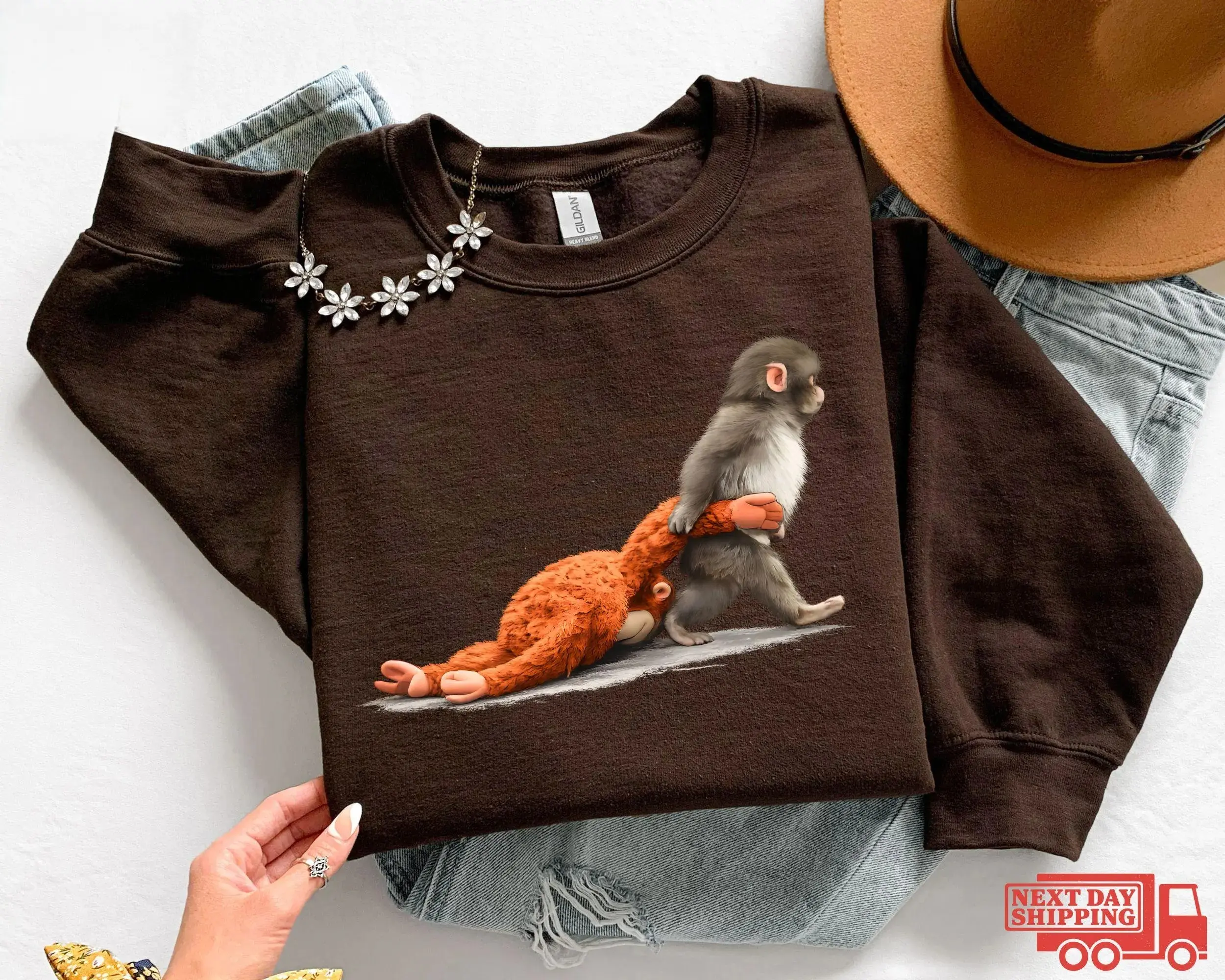 Monkey Punch Graphic Sweatshirt, Baby Monkey Holding Plush Toy Crewneck, Cute Animal Lover Sweater, Cozy Monkey Pullover, Adorable Wildlife Gift