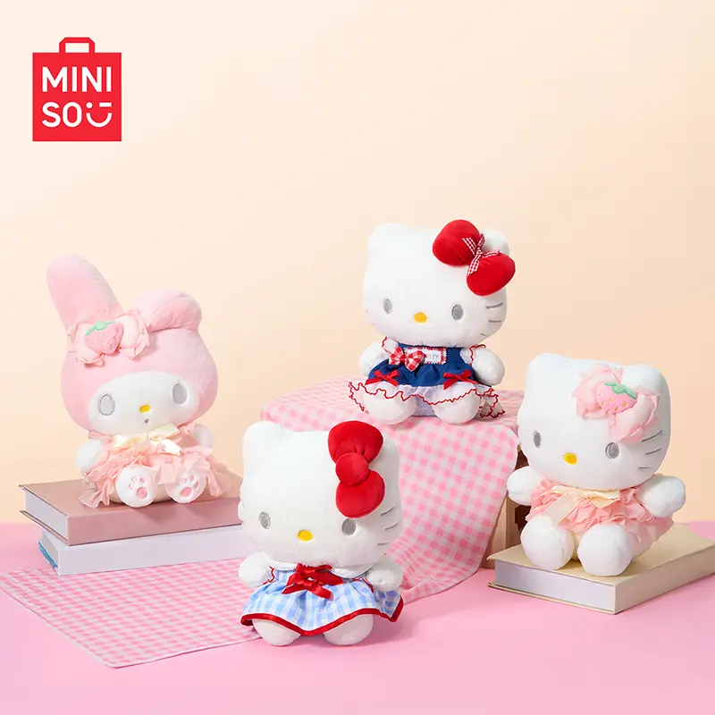 [Back to School] MINISO Sitting Hello Kitty & My Melody Plush Dolls, Strawberry Tower, Blue Pastoral and Plaid Denim Styles, Cute Cartoon Figure, Kawaii Backpack Decor, Ideal Gift For Students And Sanrio Fans