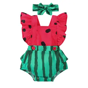 Baby Girls Playsuits Ruffled Bodysuit+Headband Watermelon Print Sleeveless Romper Jumpsuit Toddler Summer Clothes Sets Outfits