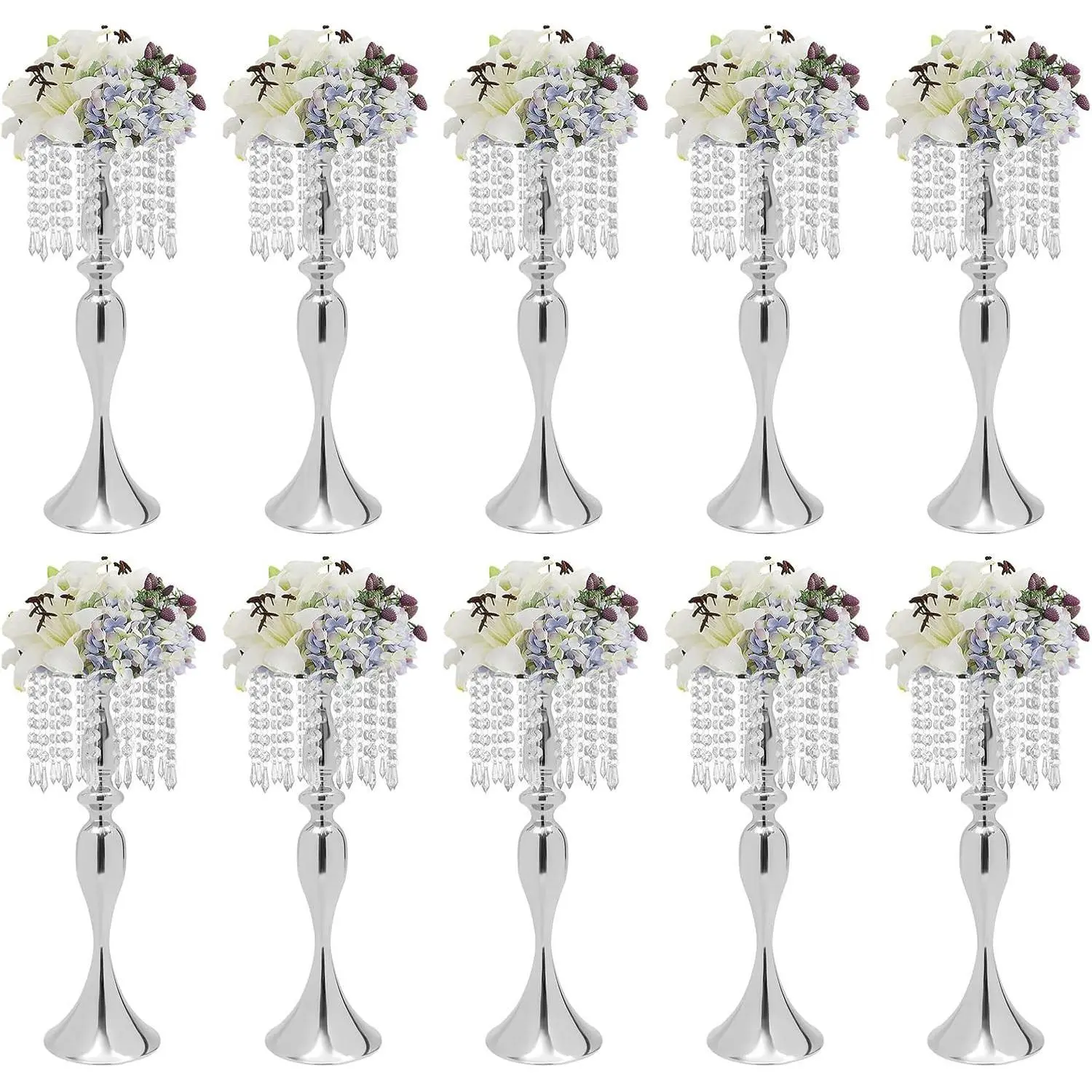 10Pcs Crystal Flower Stand Wedding Centerpieces for Tables, 21.3in Flower Holders Centerpiece Metal Flower Vase w/Crystal Beads for Wedding Party Reception Decor (Silver, 21.3in) Decoration Ornaments