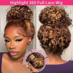 36 Inch 360 Full Lace Wig 180% Density Deep Wave Highlight Honey Blonde Wig Invisible Strap Drawstring Wig Human Hair Pre Plucked