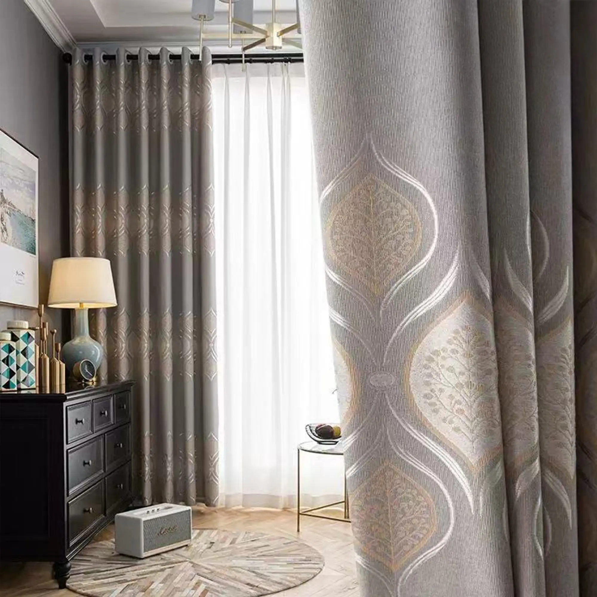 1 Count Eyelet Jacquard Thick Blackout Curtain, Blackout Window Curtain, Vintage Pattern Home Decorative Curtain, Heavy Weight, Soft Velvet Touch, with Premium Drape, Suitable for Living Room or Bedroom, Multiple Colors Available