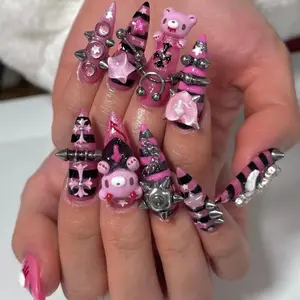 Pink Punk Princess Press-On Nails, 3D Character Charm Design, Glitter Star Accents, Black Stripe Details, Edgy Y2K Alternative Fashion Nails, Handmade Statement Stiletto Press Ons
