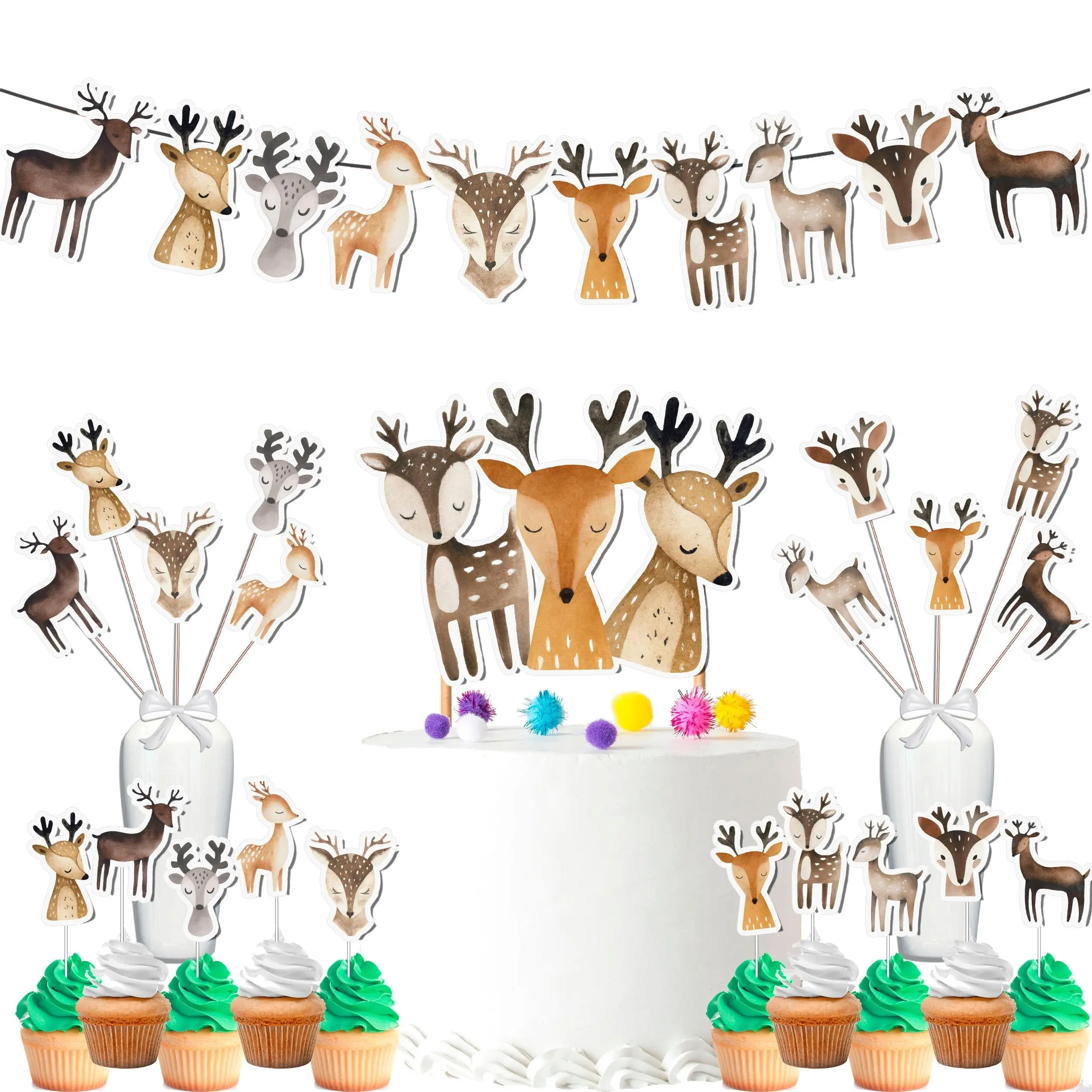 Enchanting Deer Birthday Party Decoration Set - Banner, Cake & Cupcake Toppers, Centerpieces