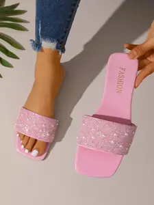 Sweet Gentle Style Slippers with Pearl Embellishments, Rhinestone One-Legged Design, Summer Versatile Flat Shoes for Women, Footwear