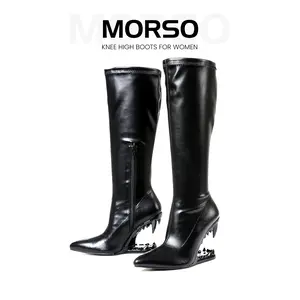 CYNLLIO Morso Knee High Boots for Womens Gothic Metalic Heeled Closed Pointed Toe Boots Tiger Teeth Elegant Hollow Shaped Heeled Side Zipper Fashionable Shark Teeth Goth Tall Boot Parties Concerts Club Out Going Spring Dressy Shoes