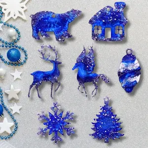 Blue Ice Collection Handmade Resin Christmas Ornament Set with Glittering Blue Bear House Deer and Snowflake Designs for Festive Tree Decor Magical Decoration