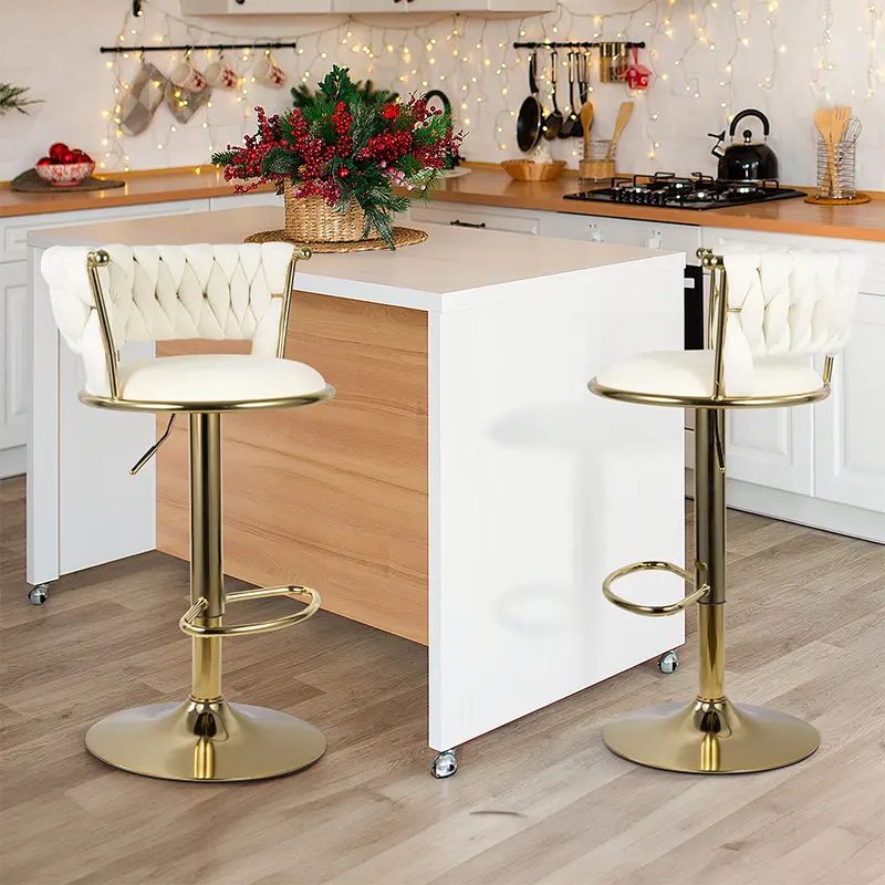2-Piece Modern Gold Velvet Counter Height Bar Stools - Adjustable Height, Footrest, Luxury Indoor Home Kitchen Island Seating Furniture