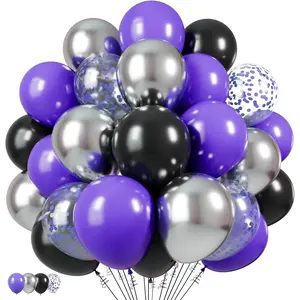 Purple Black Silver Latex Balloons, 65pcs 12 Inches Metallic Silver Purple Confetti Balloons with 1 Ribbon for Halloween, Birthday, Graduation, Anniversary party decorations